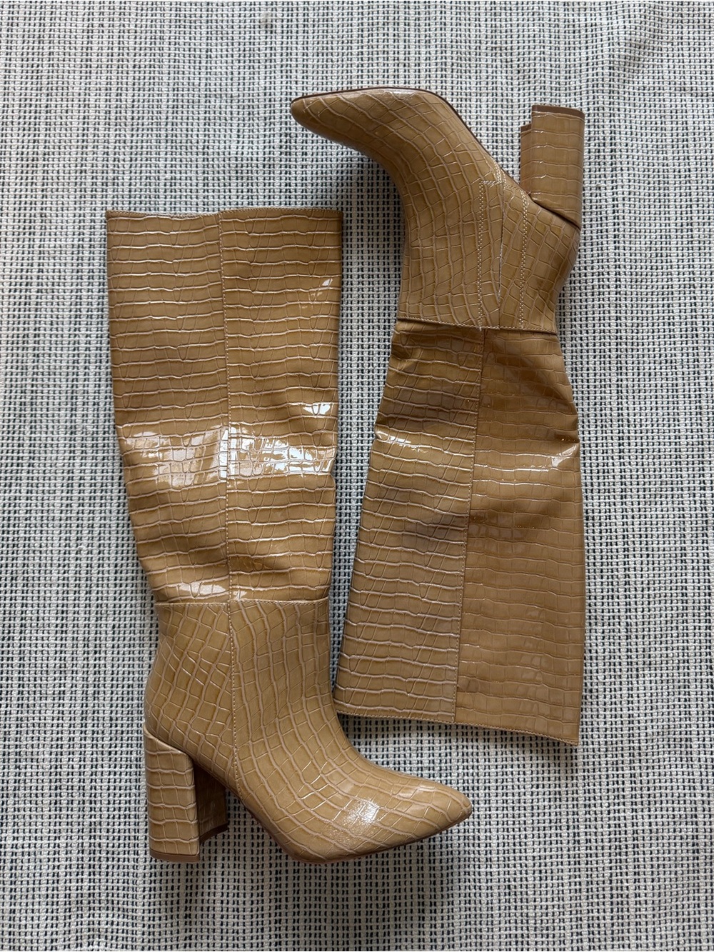 Tan Croc-Embossed Chunky Heel Knee High Boot